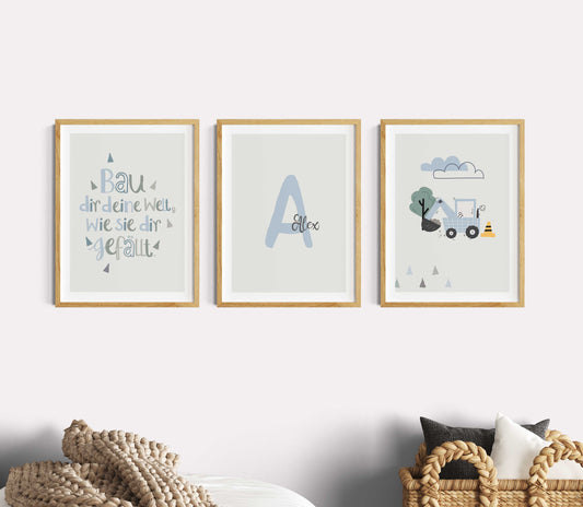 Kinderspruch | Name | Bagger | 3er Set Blau