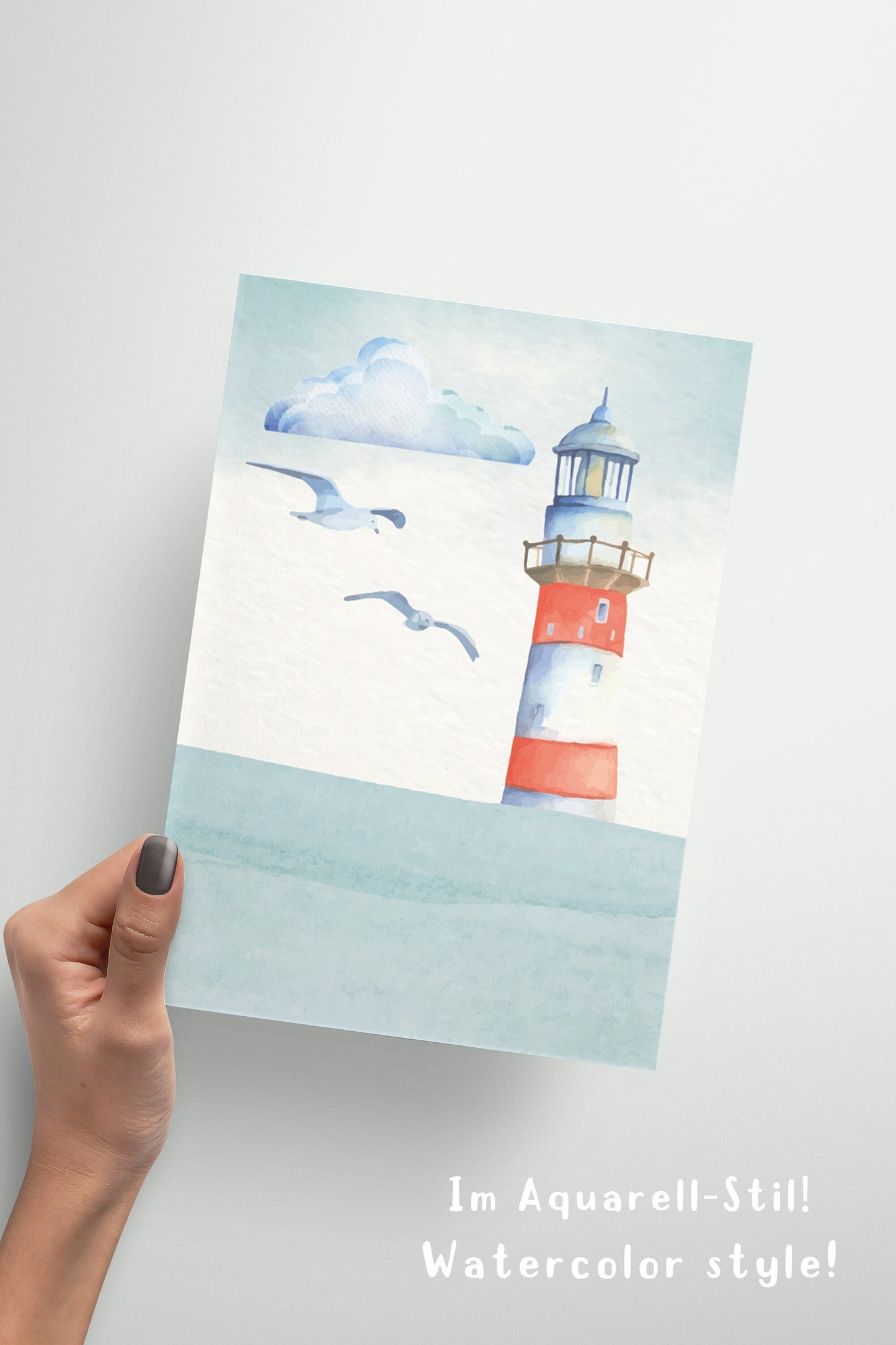 Living room decoration wall, maritime wall design sea, poster set blue harbor, watercolor coast, anchor, seagulls and lighthouse, 7-piece collage, wall decoration