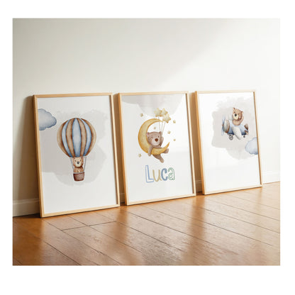 Bear Hot Air Balloon | Name Moon | Airplane | Set of 3