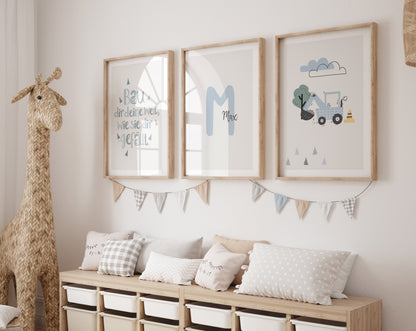 Kinderspruch | Name | Bagger | 3er Set Blau
