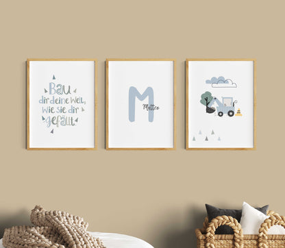Kinderspruch | Name | Bagger | 3er Set Blau
