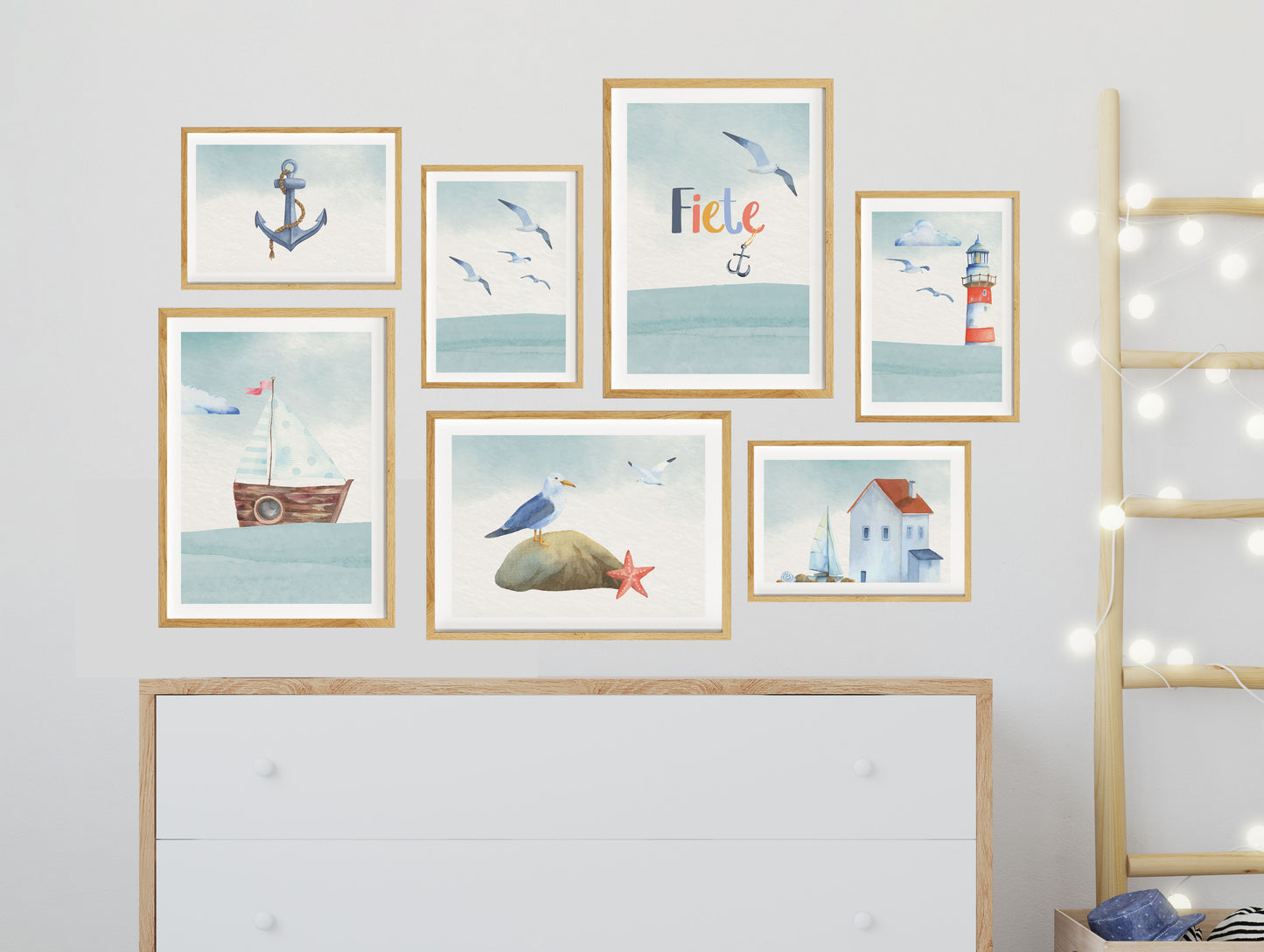 Living room decoration wall, maritime wall design sea, poster set blue harbor, watercolor coast, anchor, seagulls and lighthouse, 7-piece collage, wall decoration