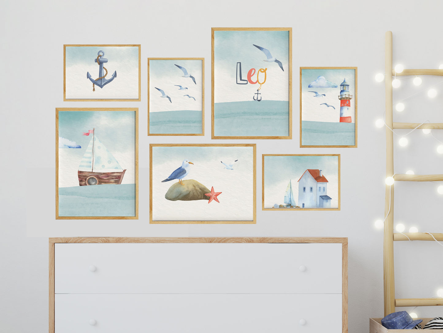 Living room decoration wall, maritime wall design sea, poster set blue harbor, watercolor coast, anchor, seagulls and lighthouse, 7-piece collage, wall decoration