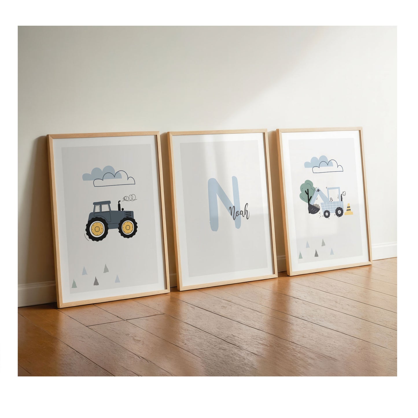 Kinderspruch | Name | Bagger | 3er Set Blau