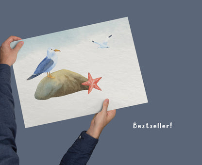 Living room decoration wall, maritime wall design sea, poster set blue harbor, watercolor coast, anchor, seagulls and lighthouse, 7-piece collage, wall decoration