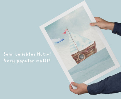 Living room decoration wall, maritime wall design sea, poster set blue harbor, watercolor coast, anchor, seagulls and lighthouse, 7-piece collage, wall decoration